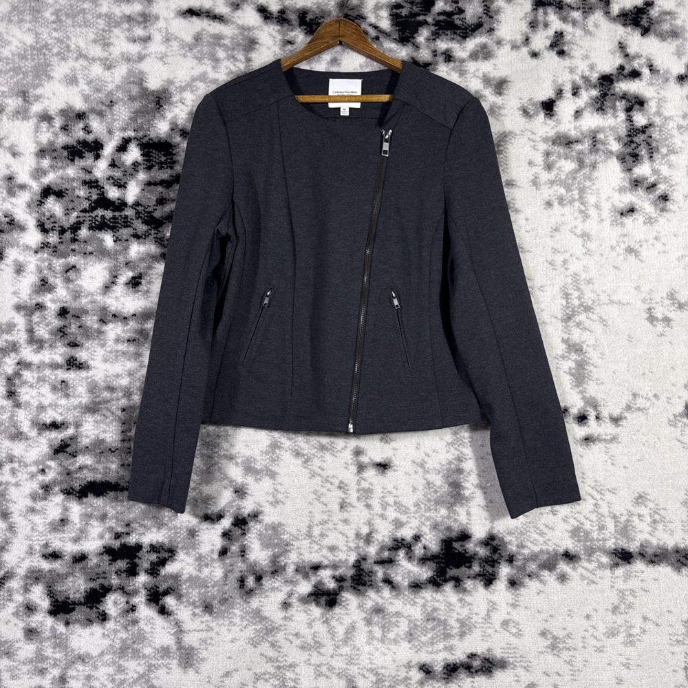 Catherine Maladrino Jacket Womens Size Medium Black Asymm Zip Chic Stretch Crop